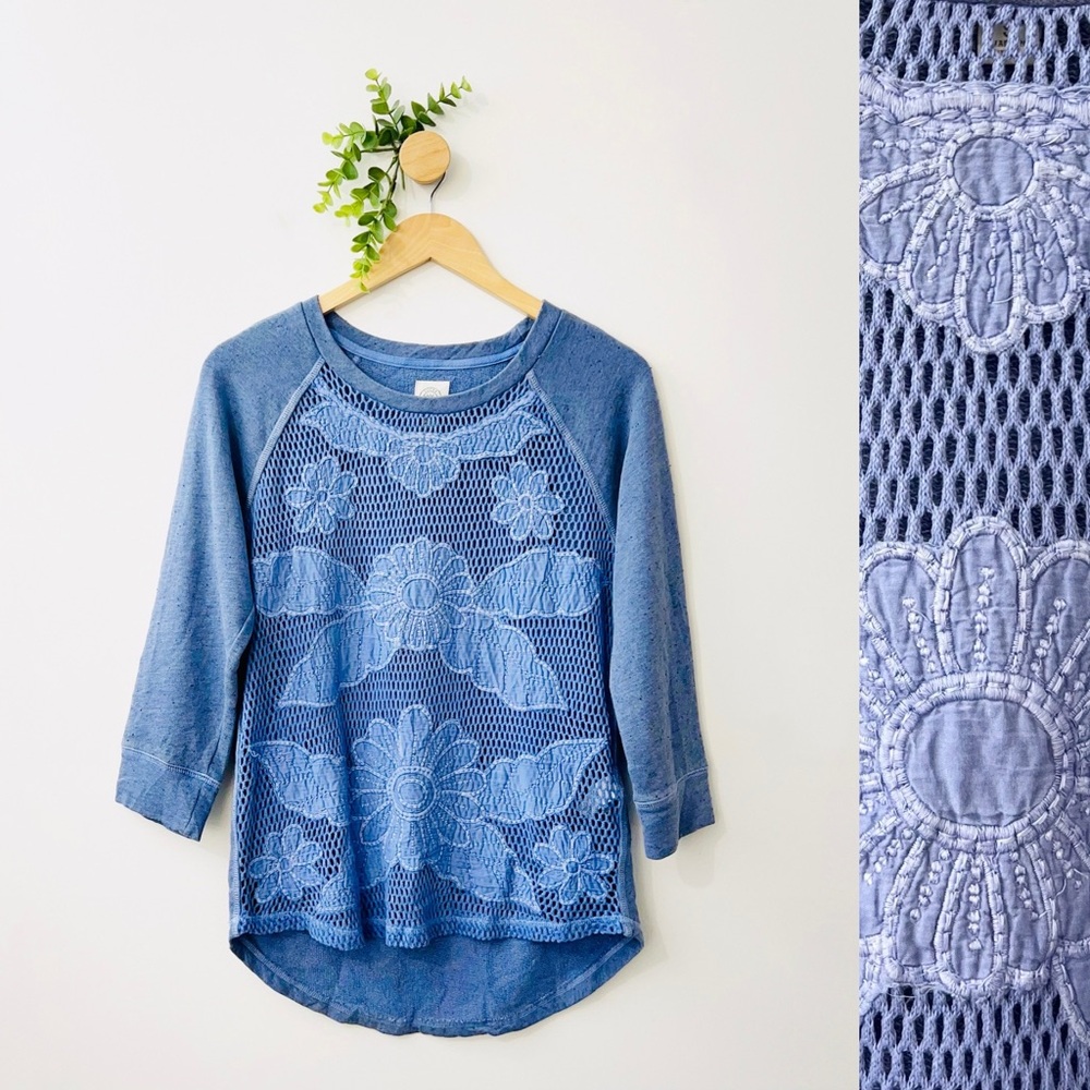 Lucky Lotus Blue Floral Embroidered 3/4 Sleeve 100% Y2K Cotton Top